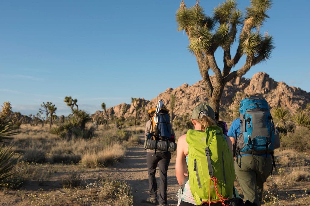A loaded hiking daypack resting on a rock beside a trail